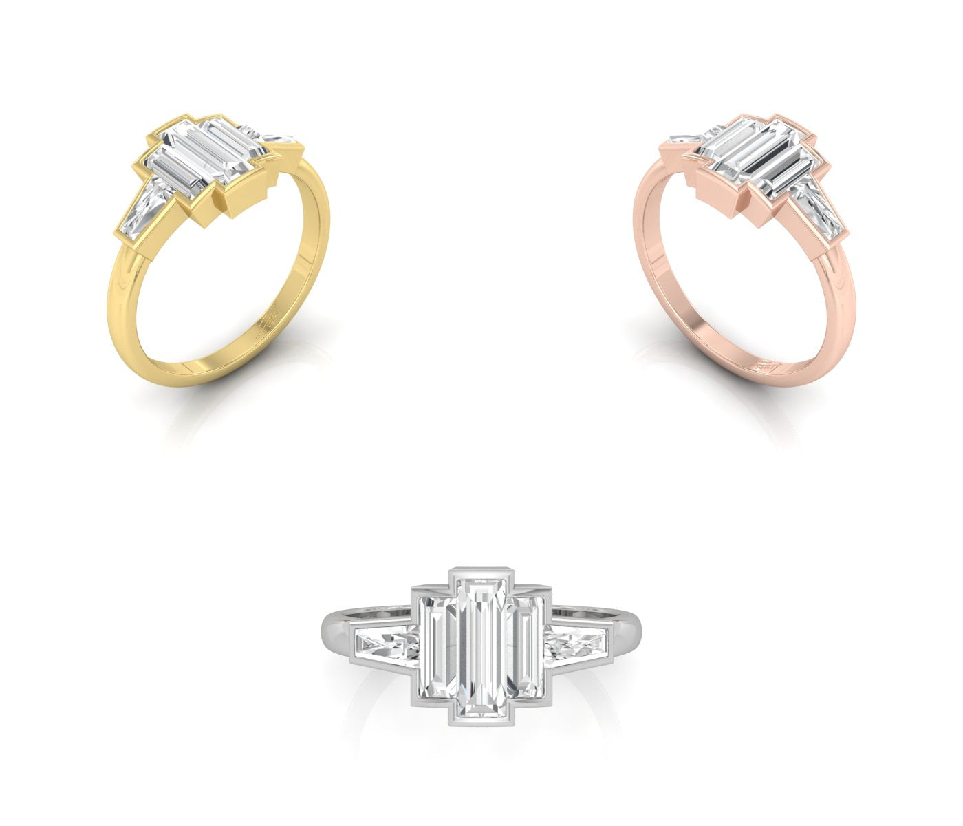 vimg:FJ3230|vimg:FJ3231|18K White Gold Trilogy Baguette Diamond Ring — 3 COLOR