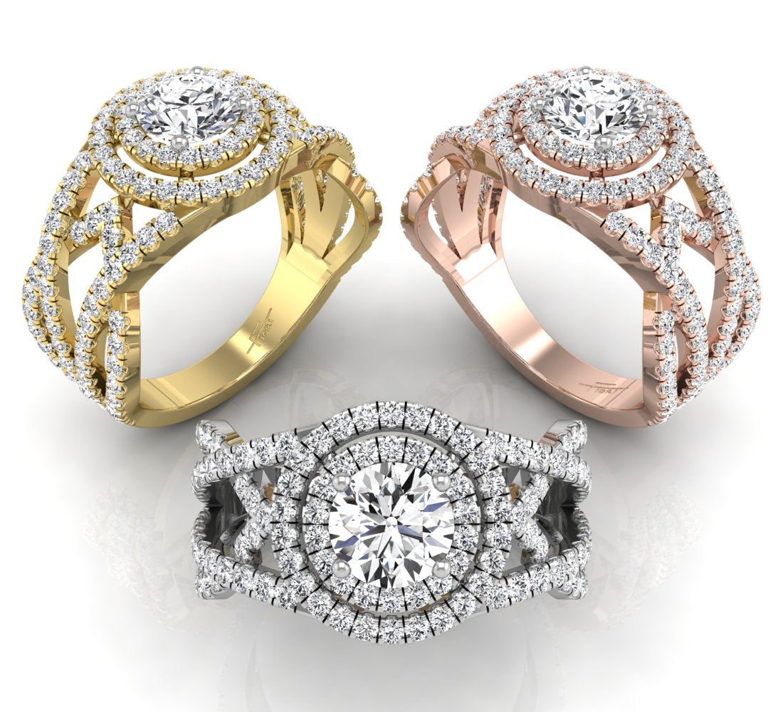 18K Halo Round Diamond Split Shank Ring — 3 COLOR