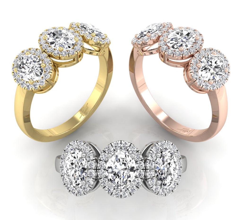 18K Trilogy Halo Oval Diamond Ring — 3 COLOR