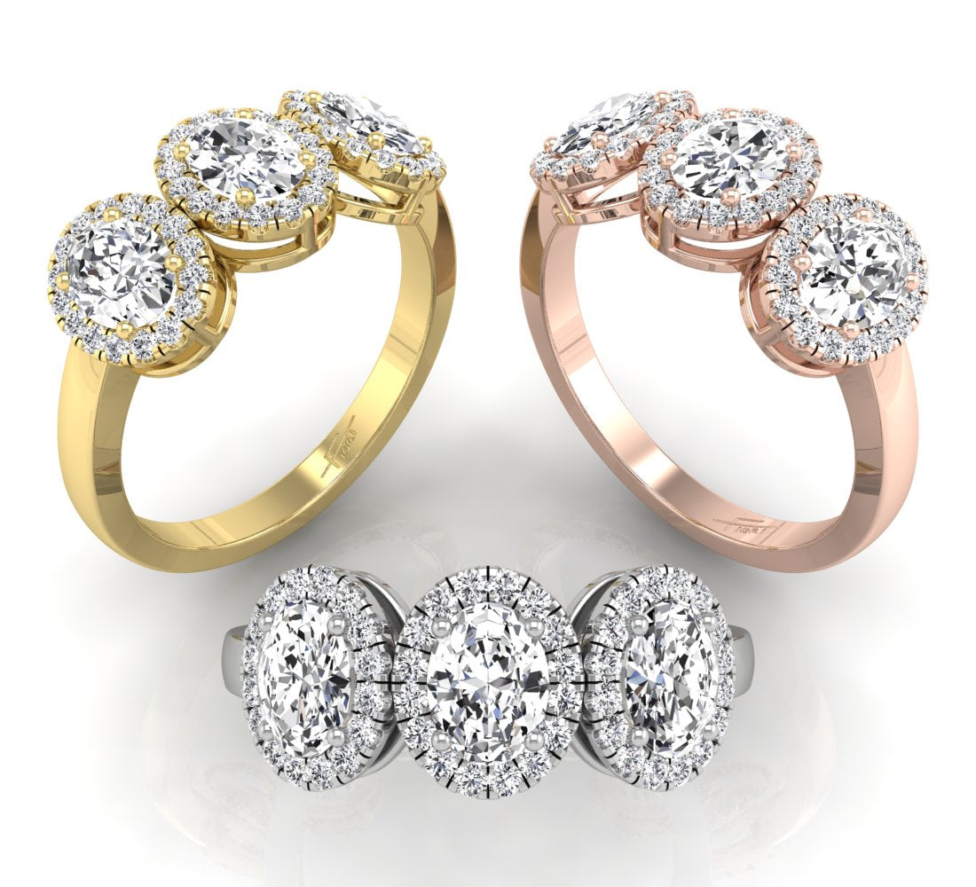 18K Trilogy Halo Oval Diamond Ring — 3 COLOR