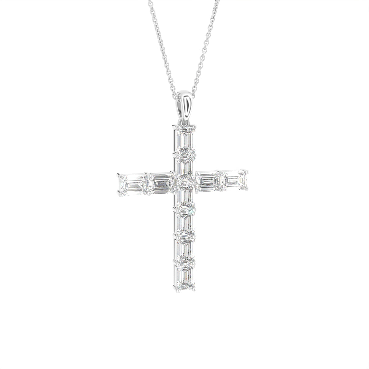 14K White Gold Cross Emerald Diamond Pendant — 3D VIEW