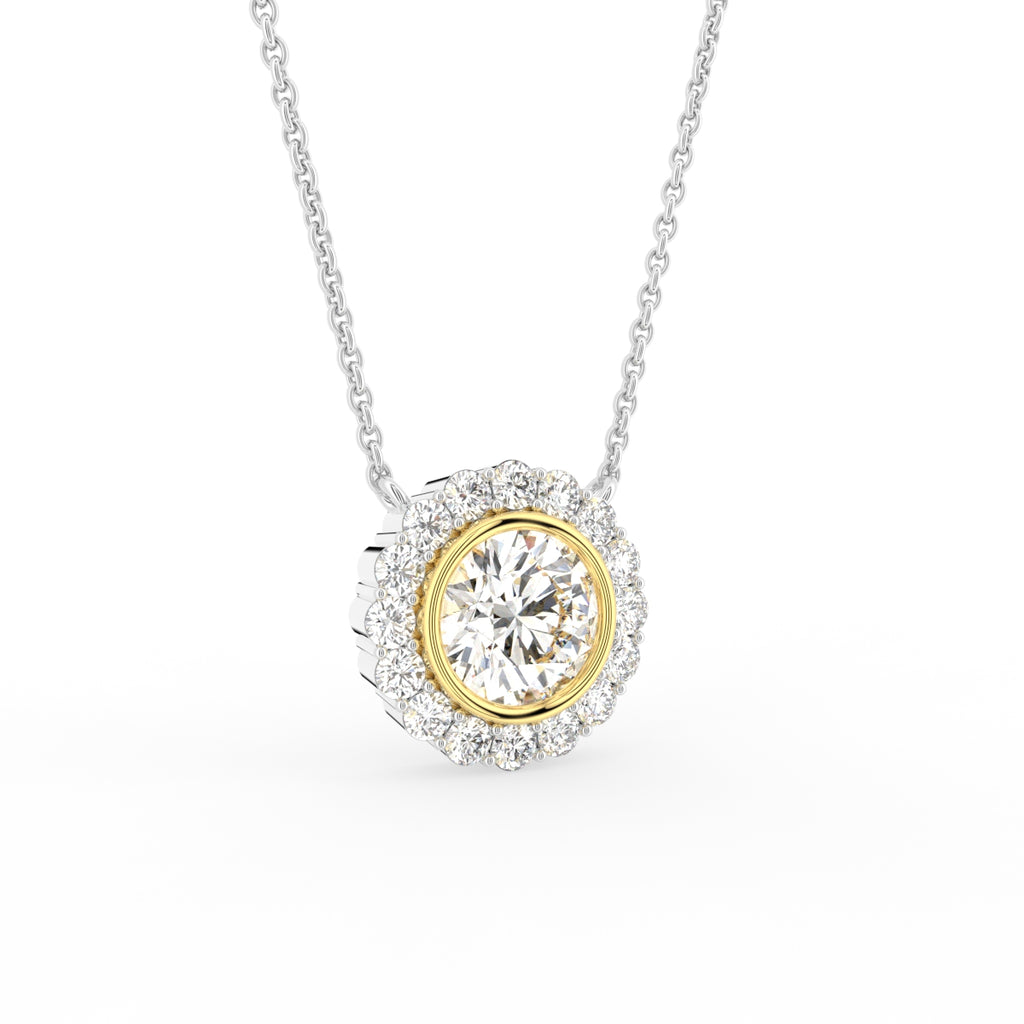 18K Solitaire Halo Round Diamond Pendant — 3D VIEW
