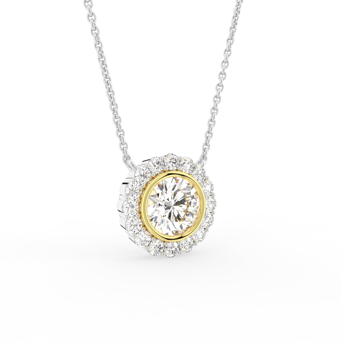 18K Solitaire Halo Round Diamond Pendant — 3D VIEW