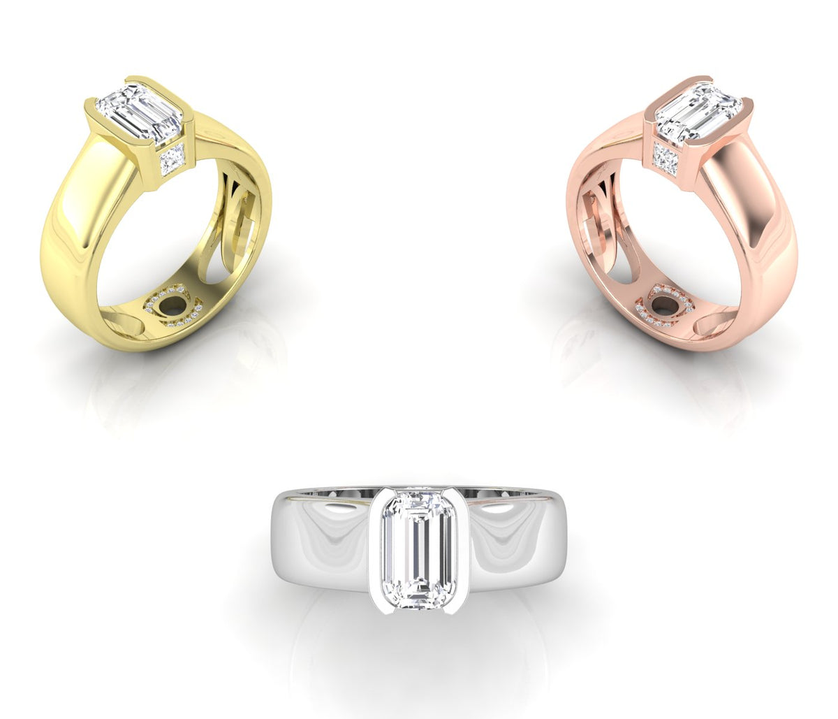14K White Gold Solitaire Emerald Diamond Ring — 3 COLOR