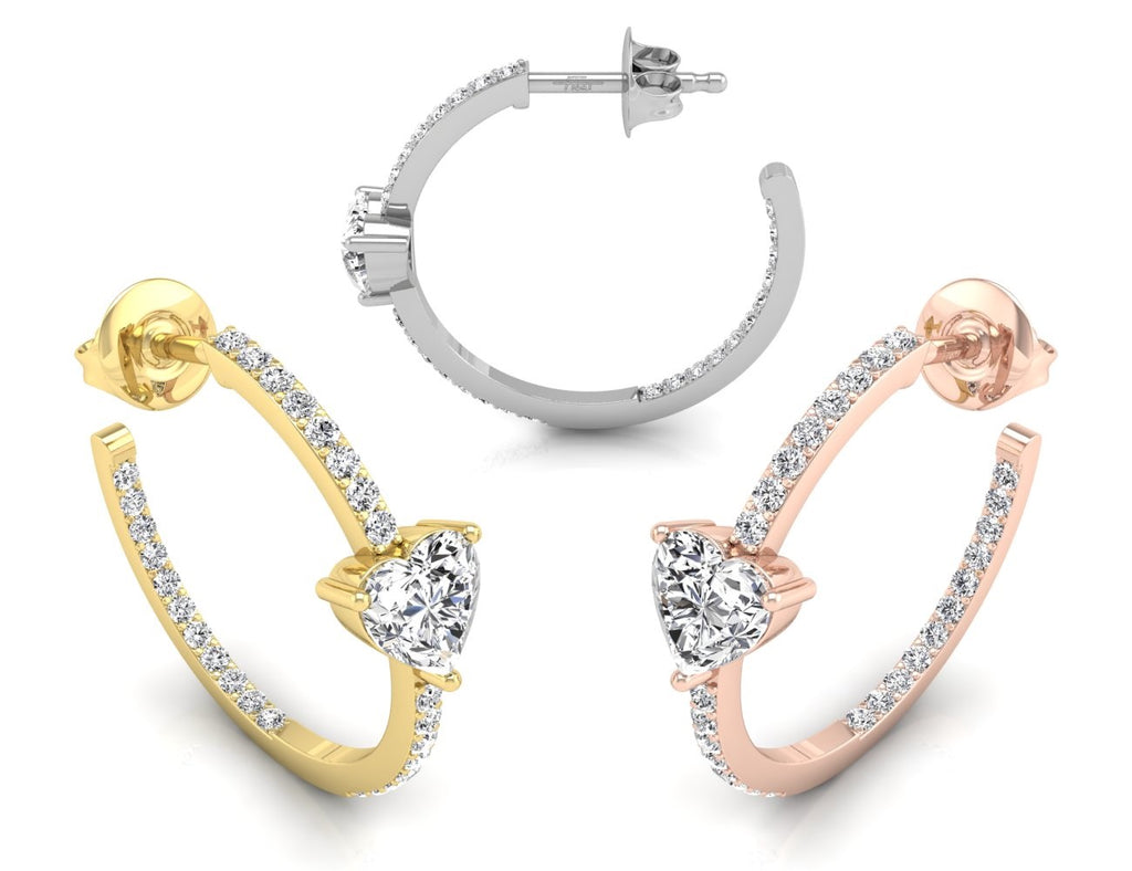 18K Heart Diamond Hoop Earrings — 3 COLOR