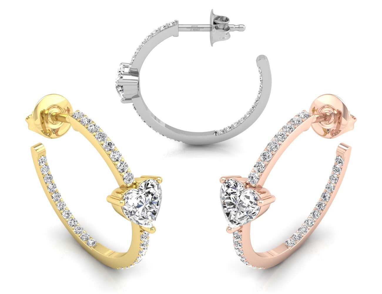 18K Heart Diamond Hoop Earrings — 3 COLOR