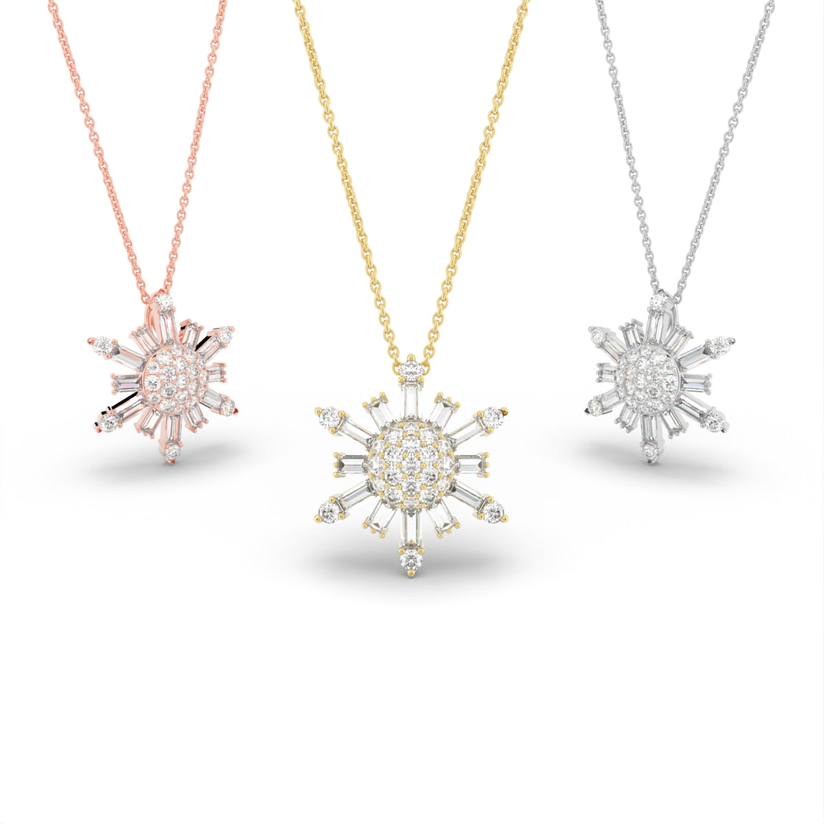 vimg:FJ3341|vimg:FJ3342|14K White Gold Snowflake Round Diamond Pendant — 3 COLOR