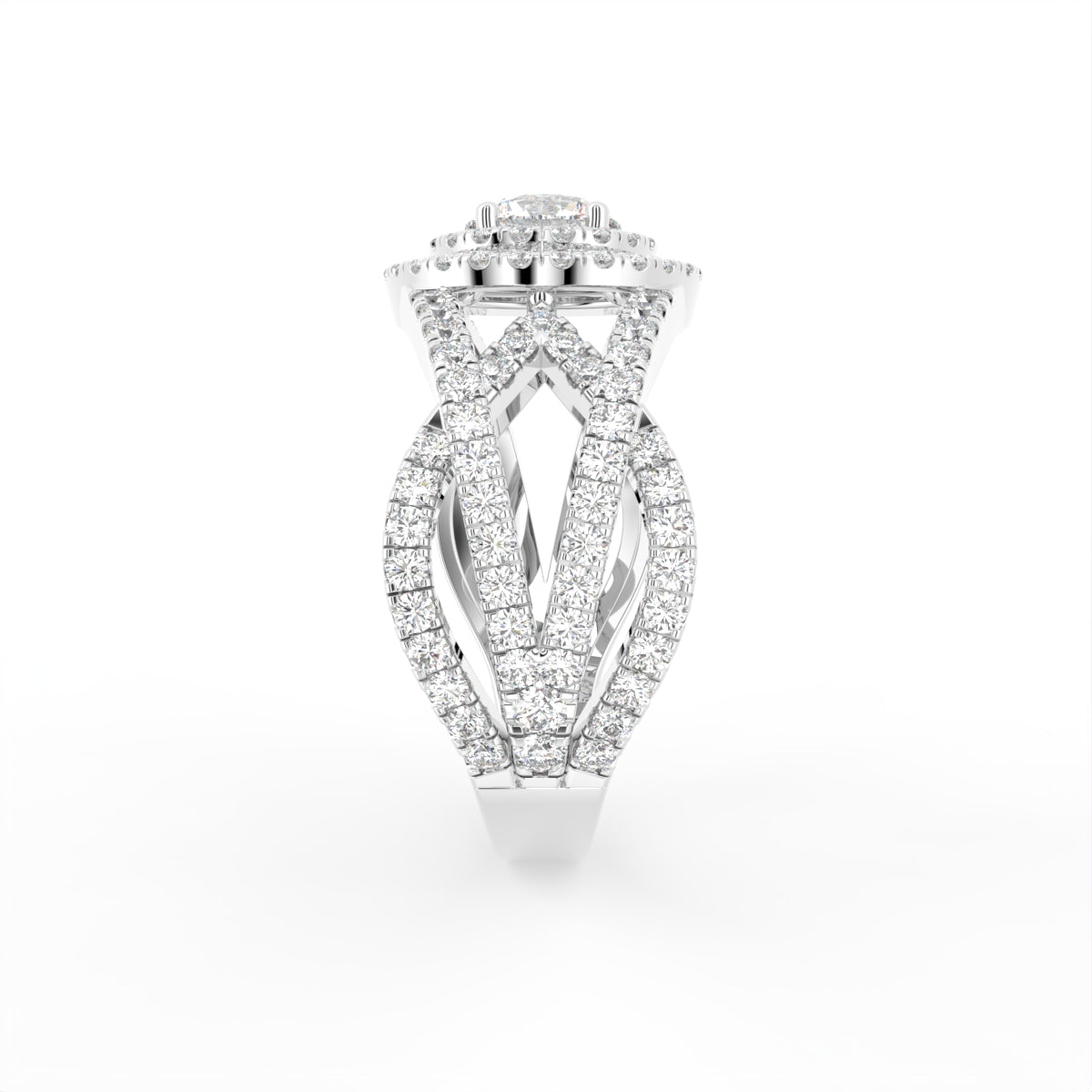 18K Halo Round Diamond Split Shank Ring — SIDE