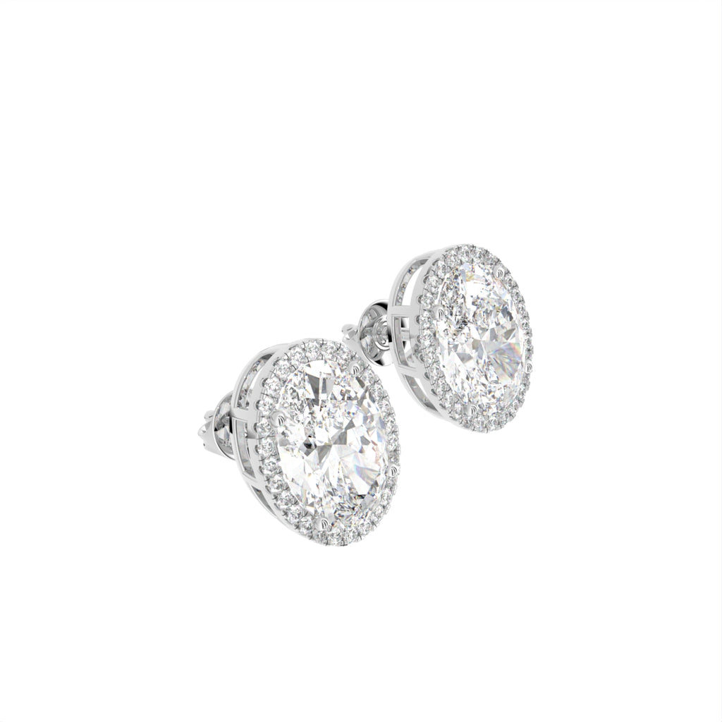 18K Oval Halo Diamond Earrings — 3D VIEW
