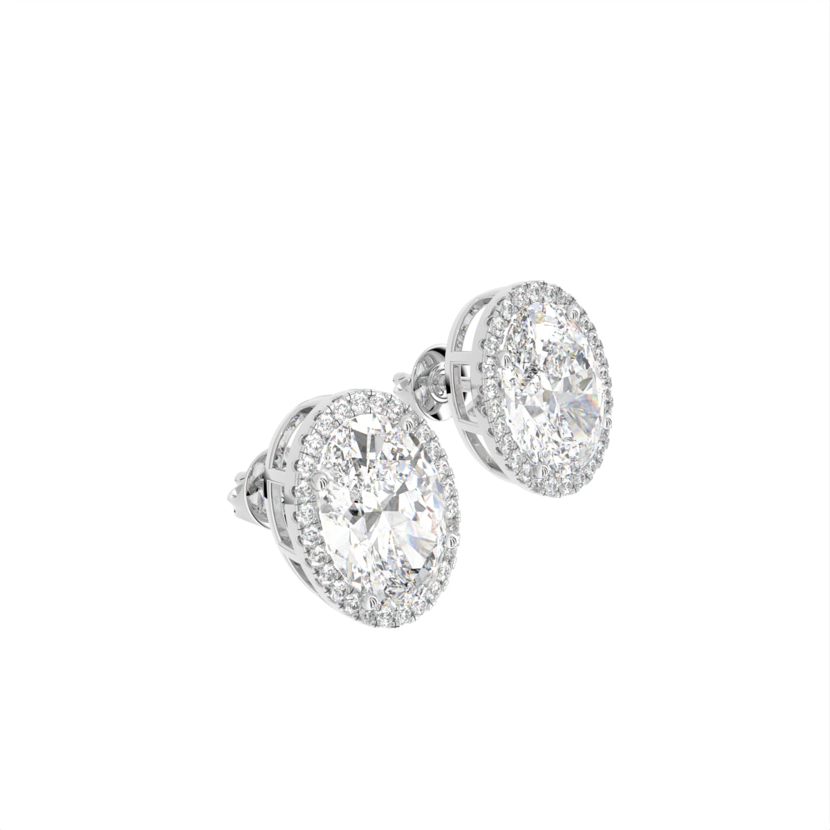 18K Oval Halo Diamond Earrings — 3D VIEW
