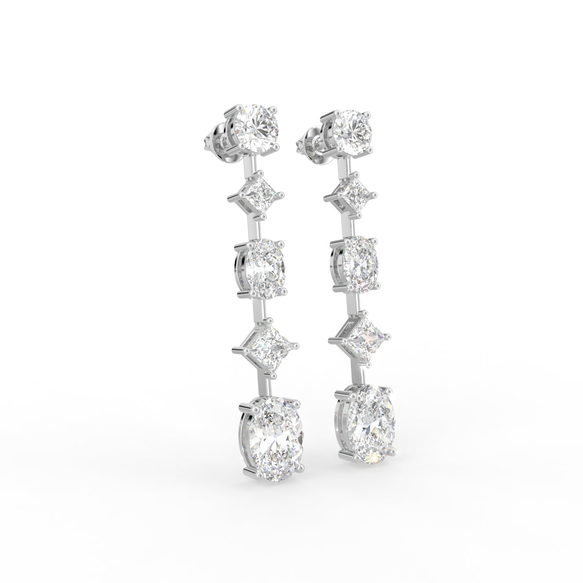 18K White Gold Round Diamond Drop Earrings — 3D VIEW