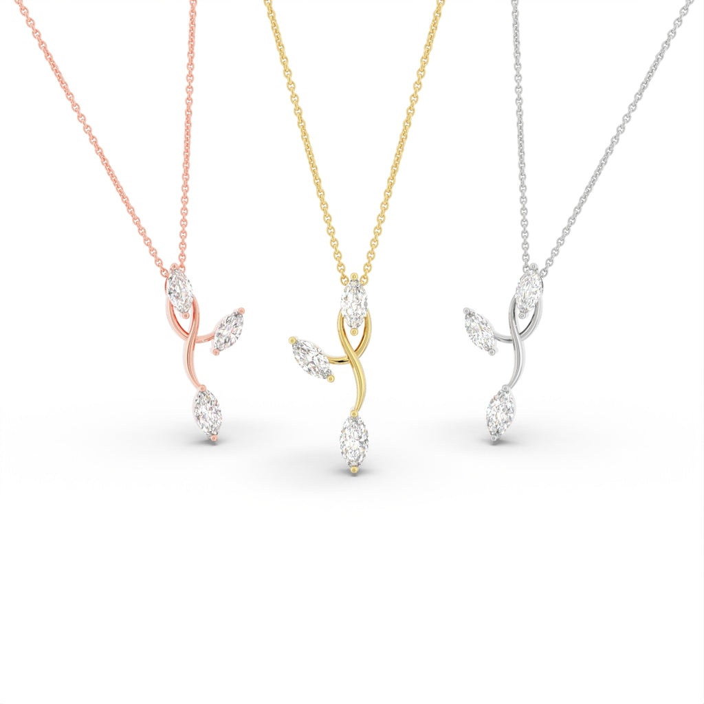 14K White Gold Floral Marquise Diamond Pendant — 3 COLOR