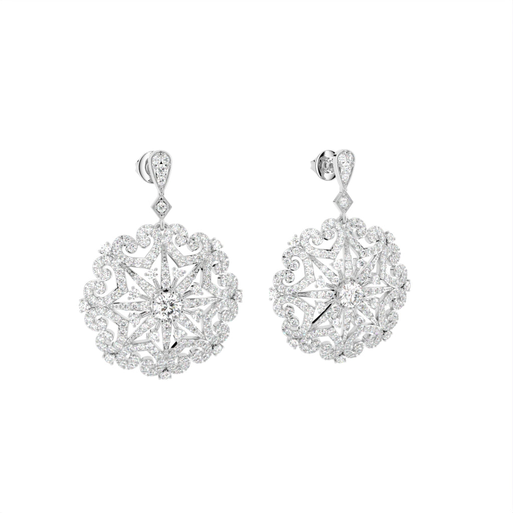 18K Floral Lab Grown Diamond Drop Earrings — 3D VIEW
