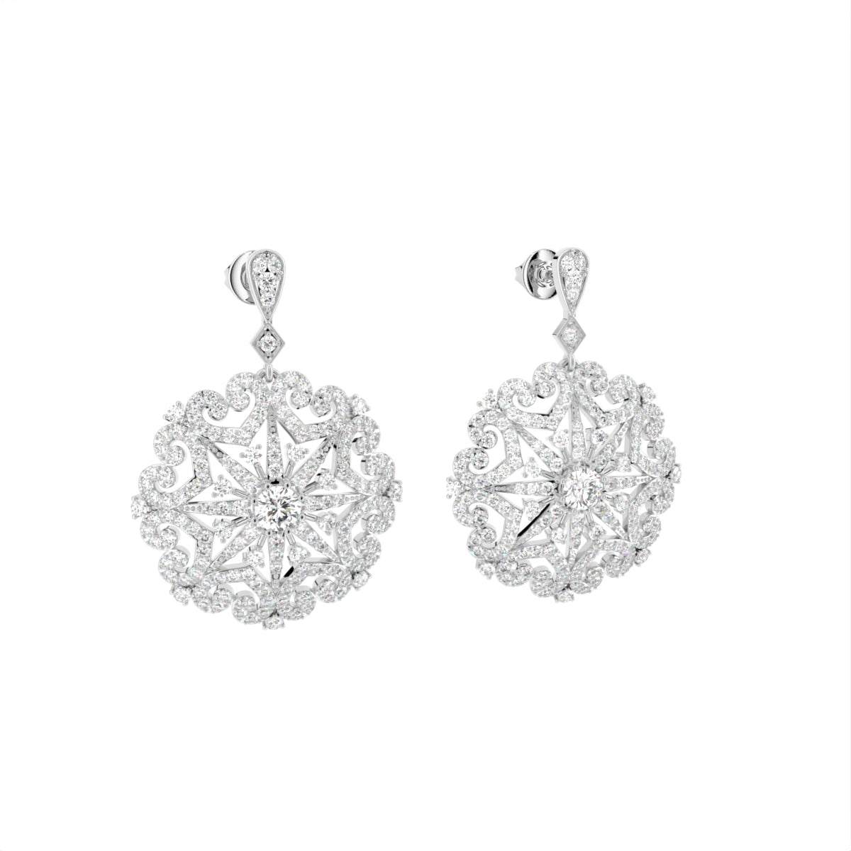 18K Floral Lab Grown Diamond Drop Earrings — 3D VIEW
