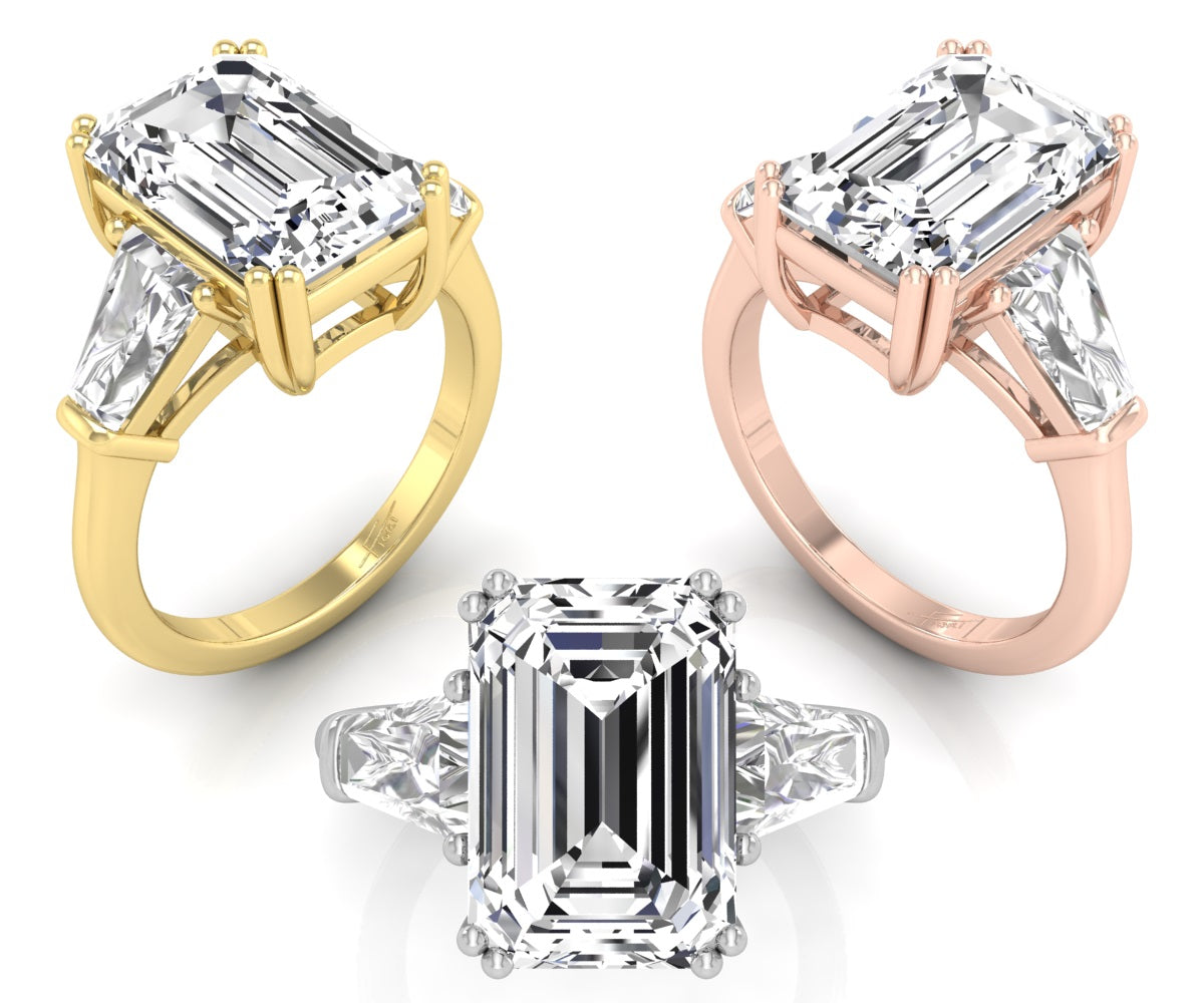 18K White Gold Trilogy Emerald Diamond Ring — 3 COLOR