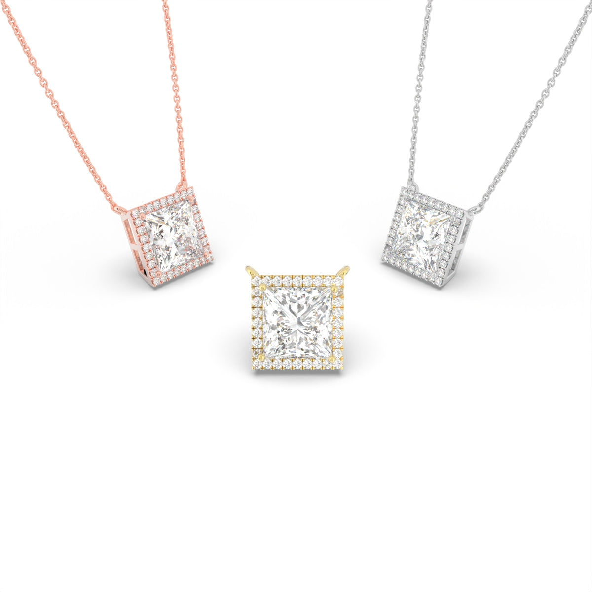 18K Solitaire Halo Princess Diamond Pendant — 3 COLOR