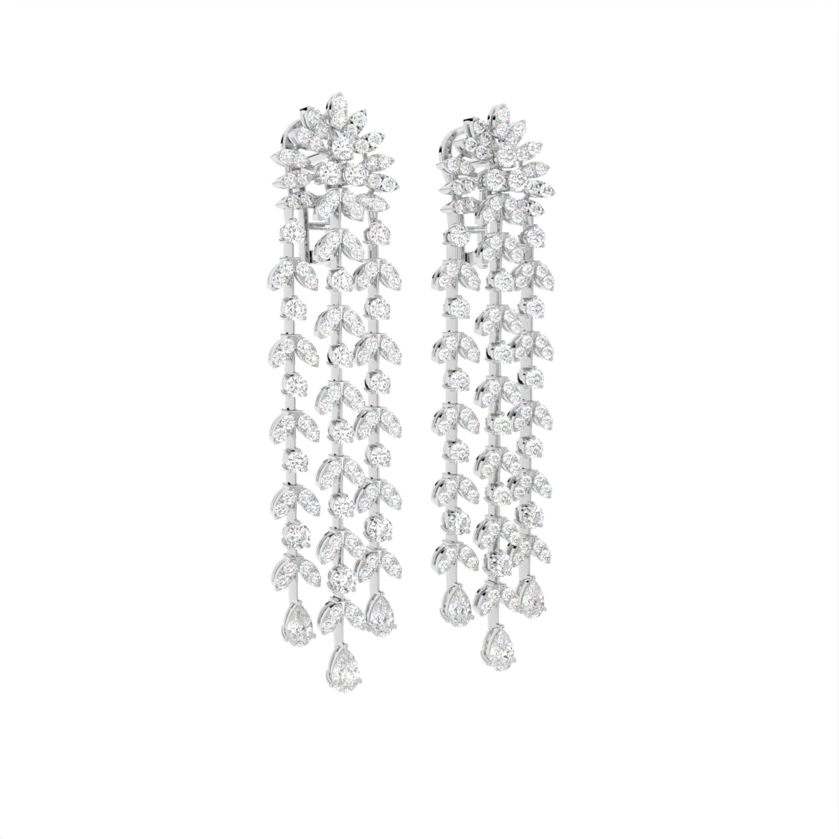18K Floral Diamond Drop Earrings — 3D VIEW