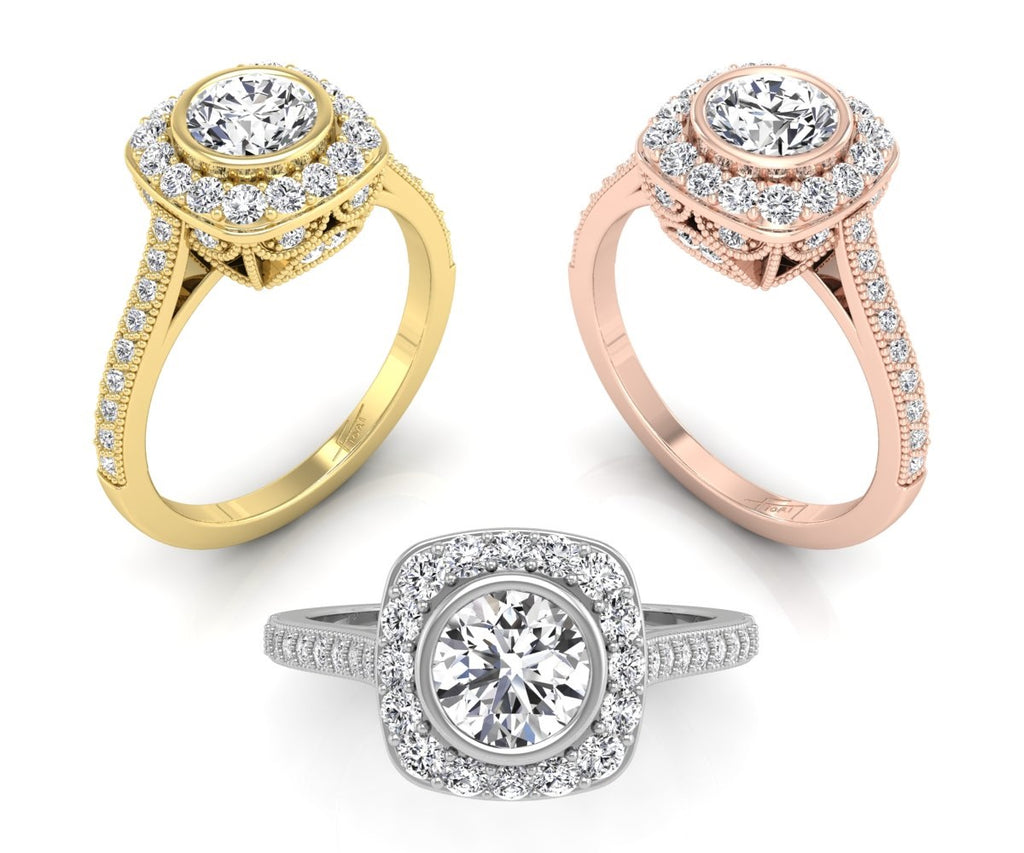 18K Halo Solitaire Diamond Engagement Ring — 3 COLOR