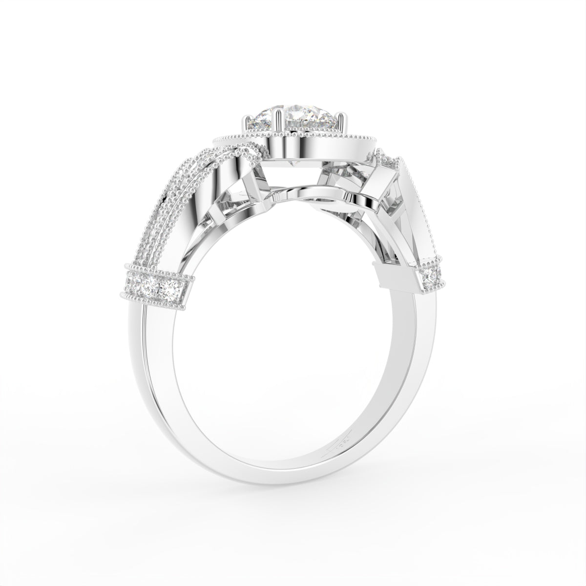 18K Bespoke Halo Round Diamond Ring — 3D VIEW