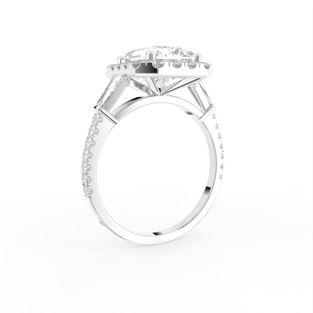 18K Halo Emerald-Cut Diamond Engagement Ring — 3D VIEW