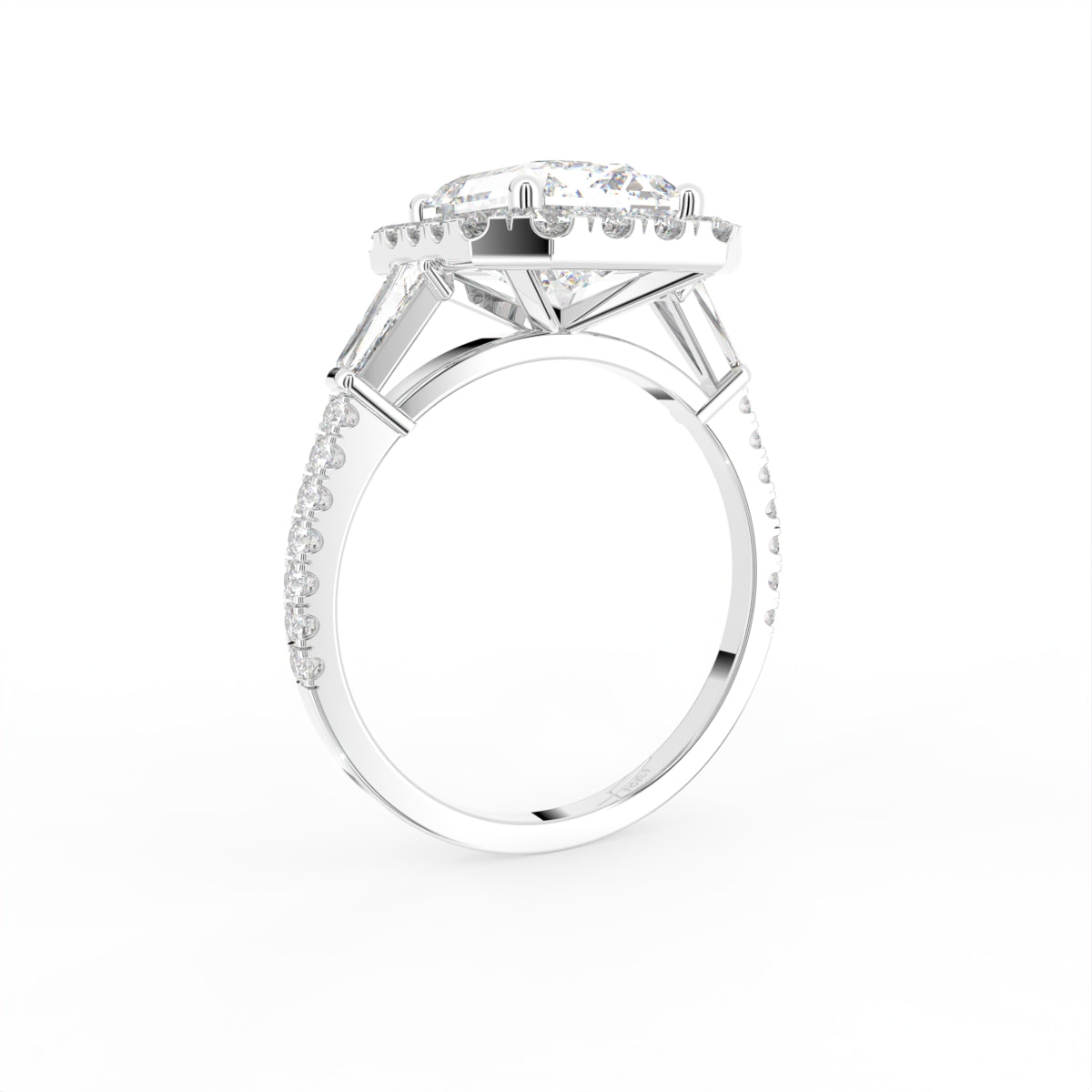 18K Halo Emerald-Cut Diamond Engagement Ring — 3D VIEW
