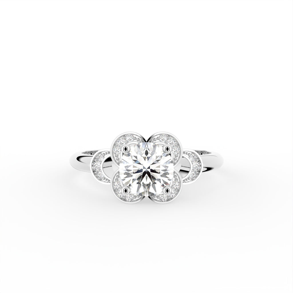 18K White Gold Floral Round Diamond Ring — 3D VIEW