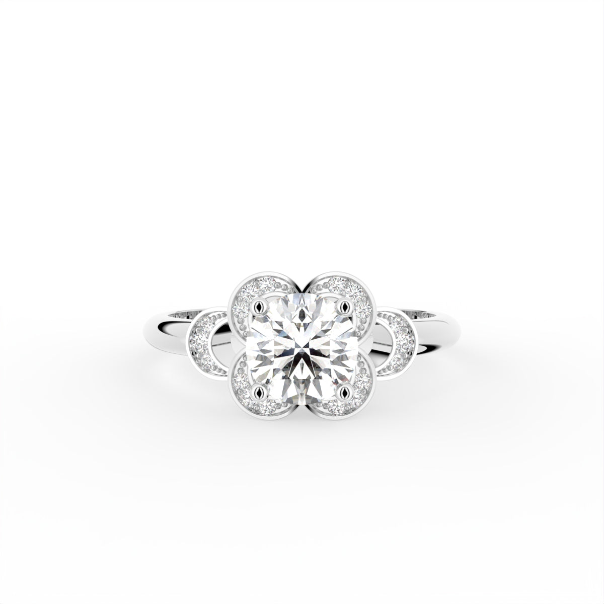 18K White Gold Floral Round Diamond Ring — 3D VIEW