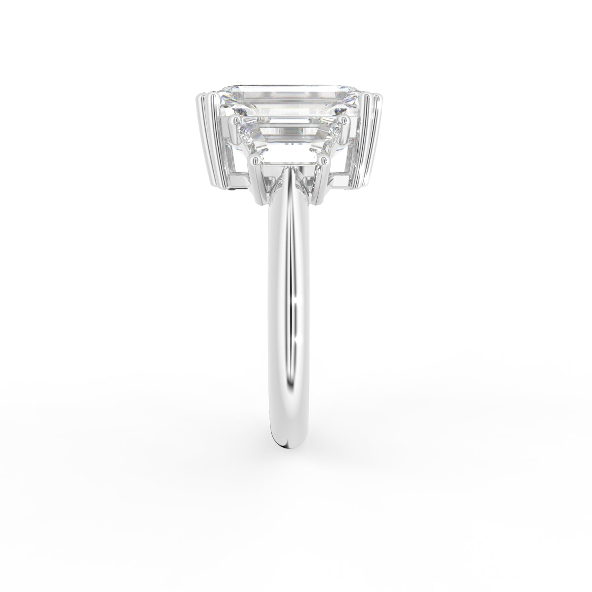18K White Gold Trilogy Emerald Diamond Ring — SIDE