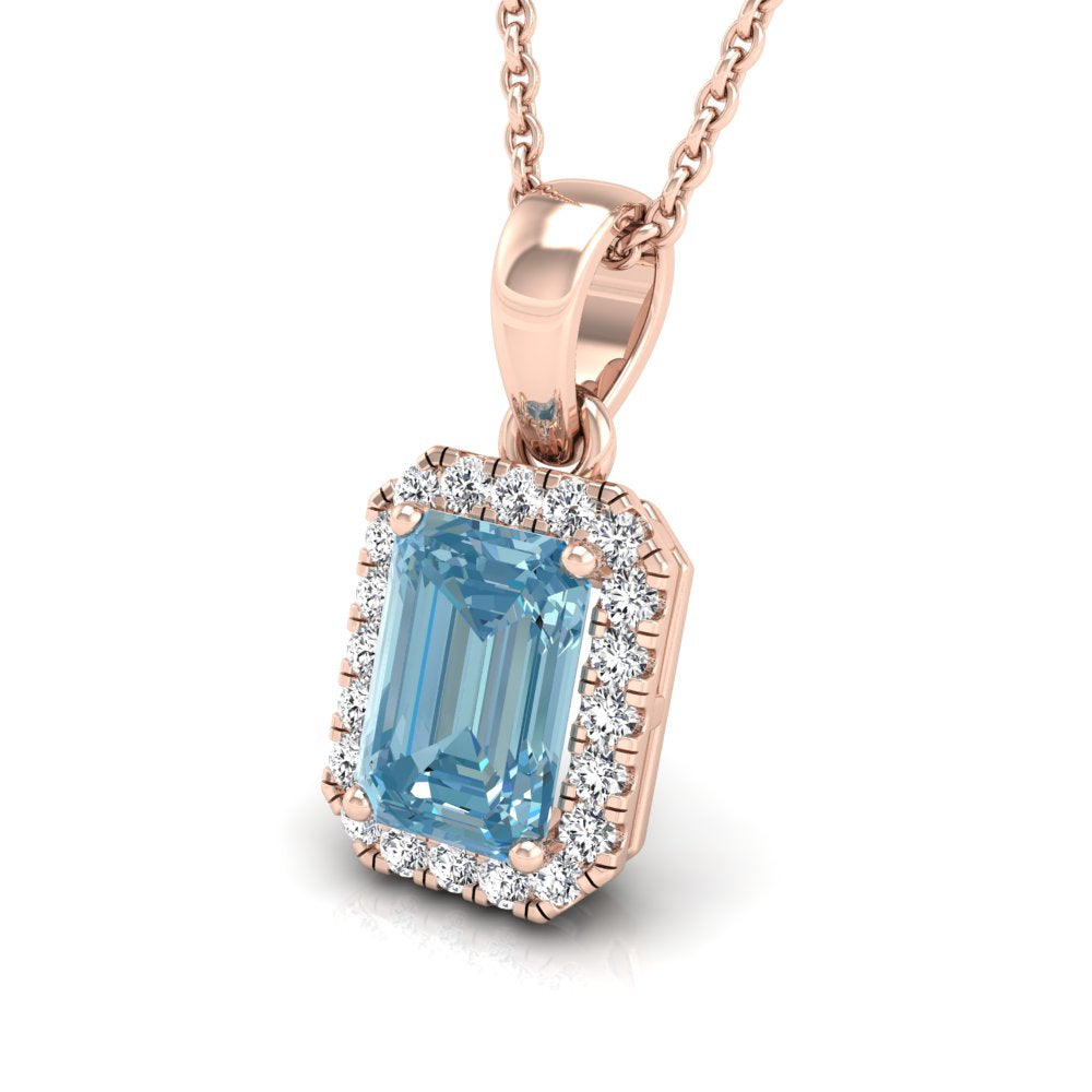 18K White Gold Halo Emerald Blue Diamond Pendant — 3D VIEW