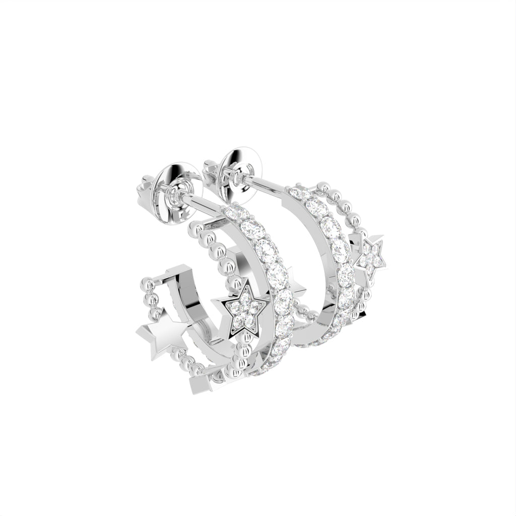 18K Crescent Moon and Stars Diamond Earrings — 3D VIEW