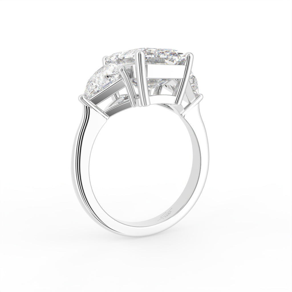 vimg:FJ2120|vimg:FJ2571|18K White Gold Trilogy Emerald Diamond Ring — 3D VIEW