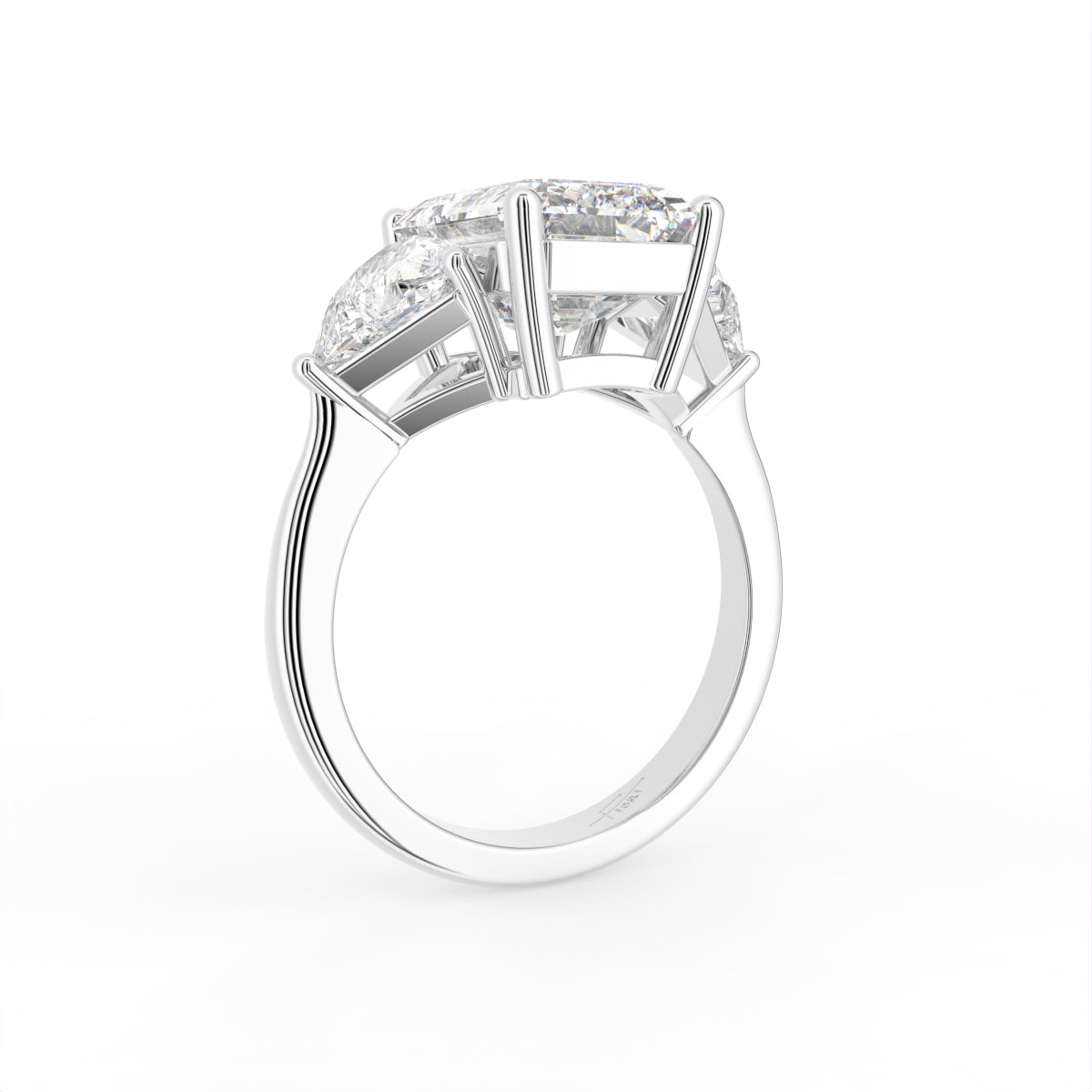 vimg:FJ2120|vimg:FJ2571|18K White Gold Trilogy Emerald Diamond Ring — 3D VIEW