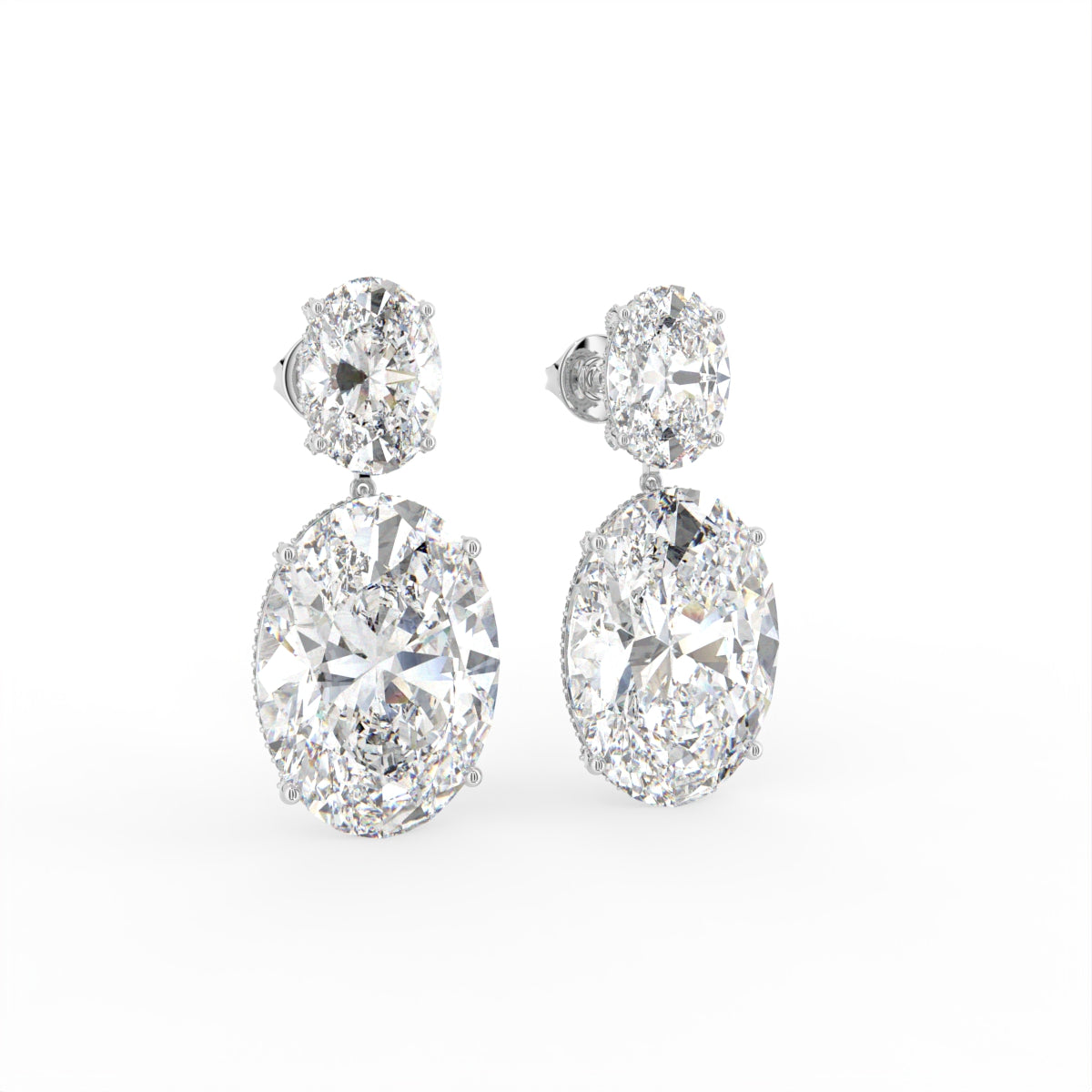 18K Solitaire Two Stone Diamond Drop Earrings — 3D VIEW