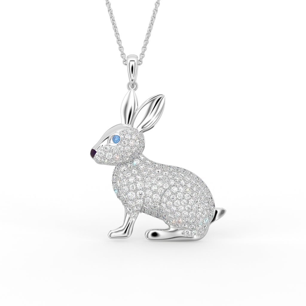 18K White Gold Bunny Round Diamond Pendant — FRONT