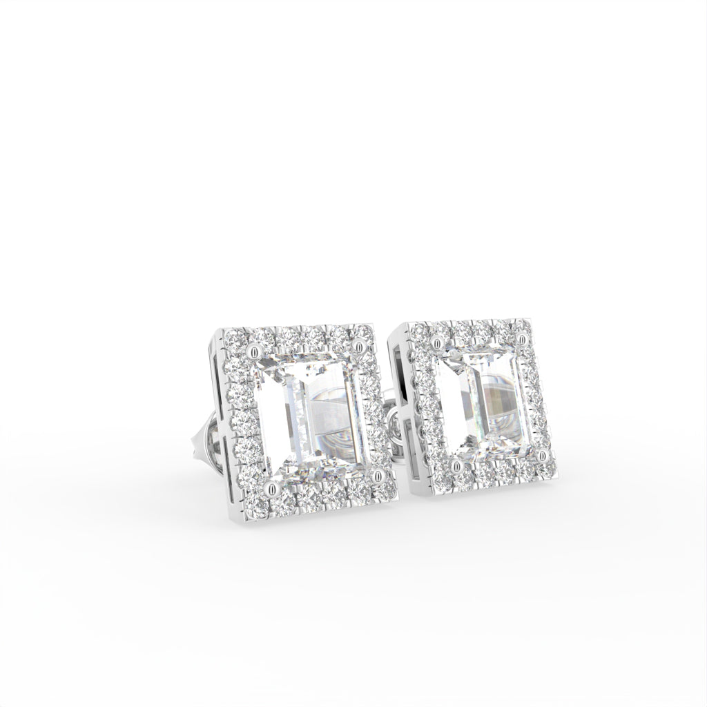18K White Gold Emerald-Cut Diamond Earrings — 3D VIEW