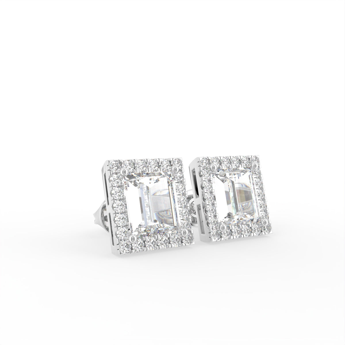 18K White Gold Emerald-Cut Diamond Earrings — 3D VIEW