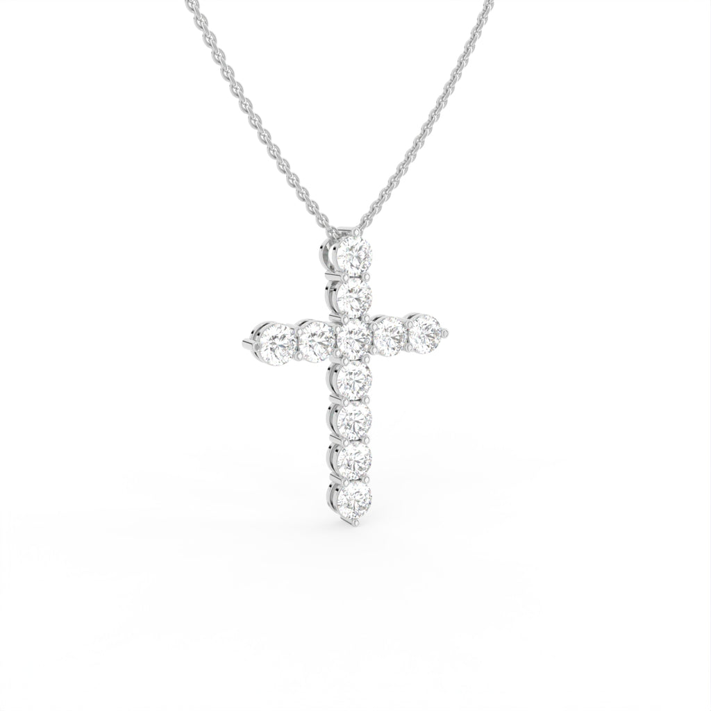 18K White Gold Cross Round Diamond Pendant — 3D VIEW