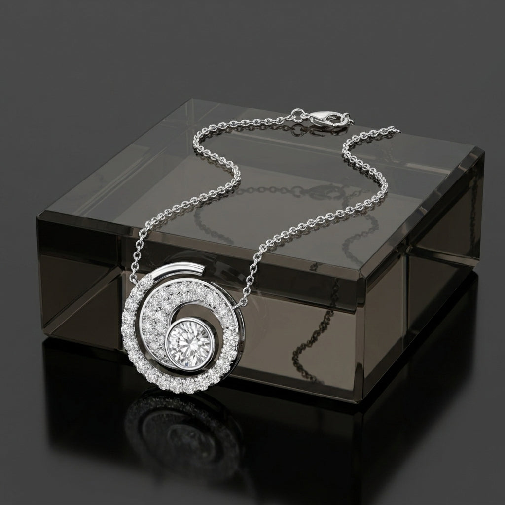 18K White Gold Spiral Round Diamond Pendant