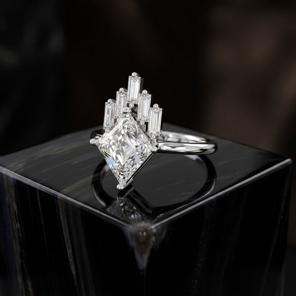 18K White Gold Kite Baguette Diamond Ring