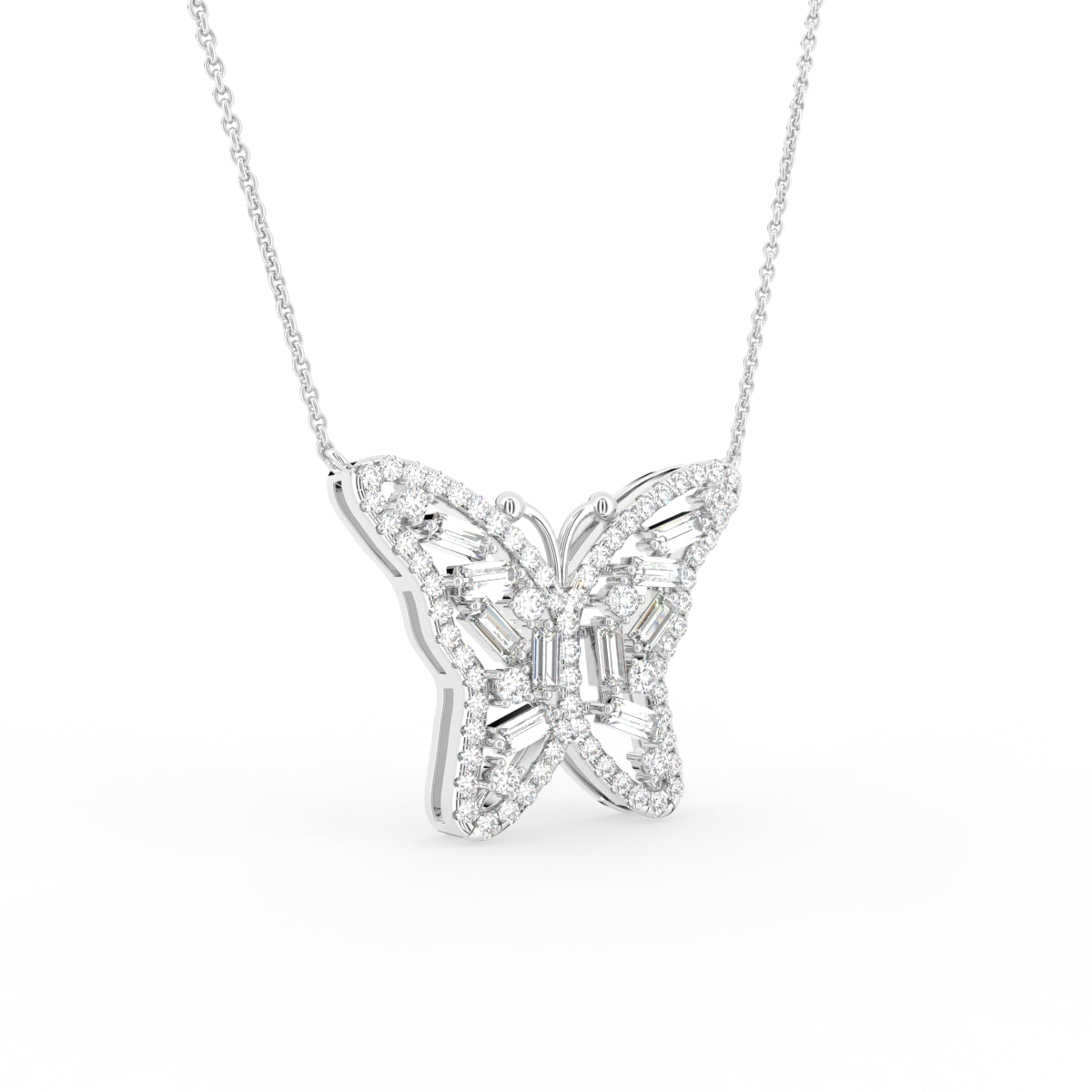 vimg:FJ6109|vimg:FJ6842|18K White Gold Butterfly Baguette Diamond Pendant — 3D VIEW