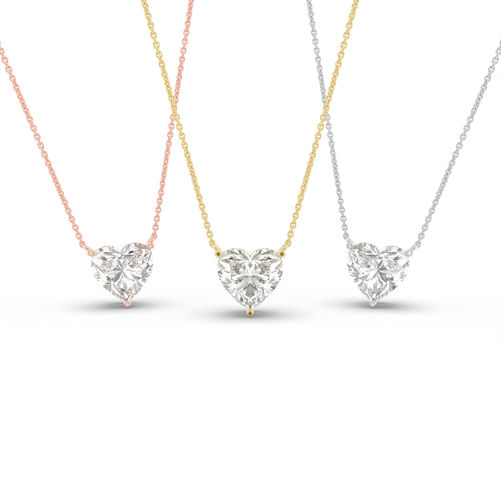 18K White Gold Solitaire Heart Diamond Pendant — 3 COLOR