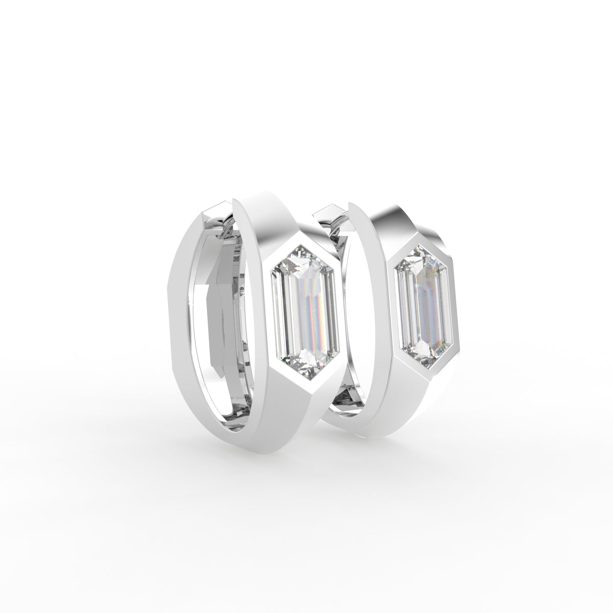 18K Fancy-Cut Diamond Huggie Hoop Earrings — 3D VIEW