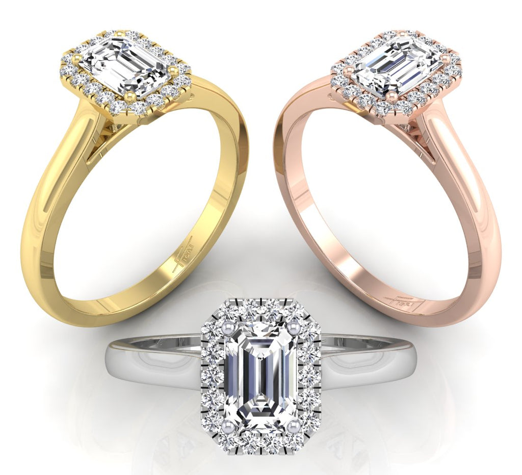 18K Halo Emerald-Cut Diamond Ring — 3 COLOR