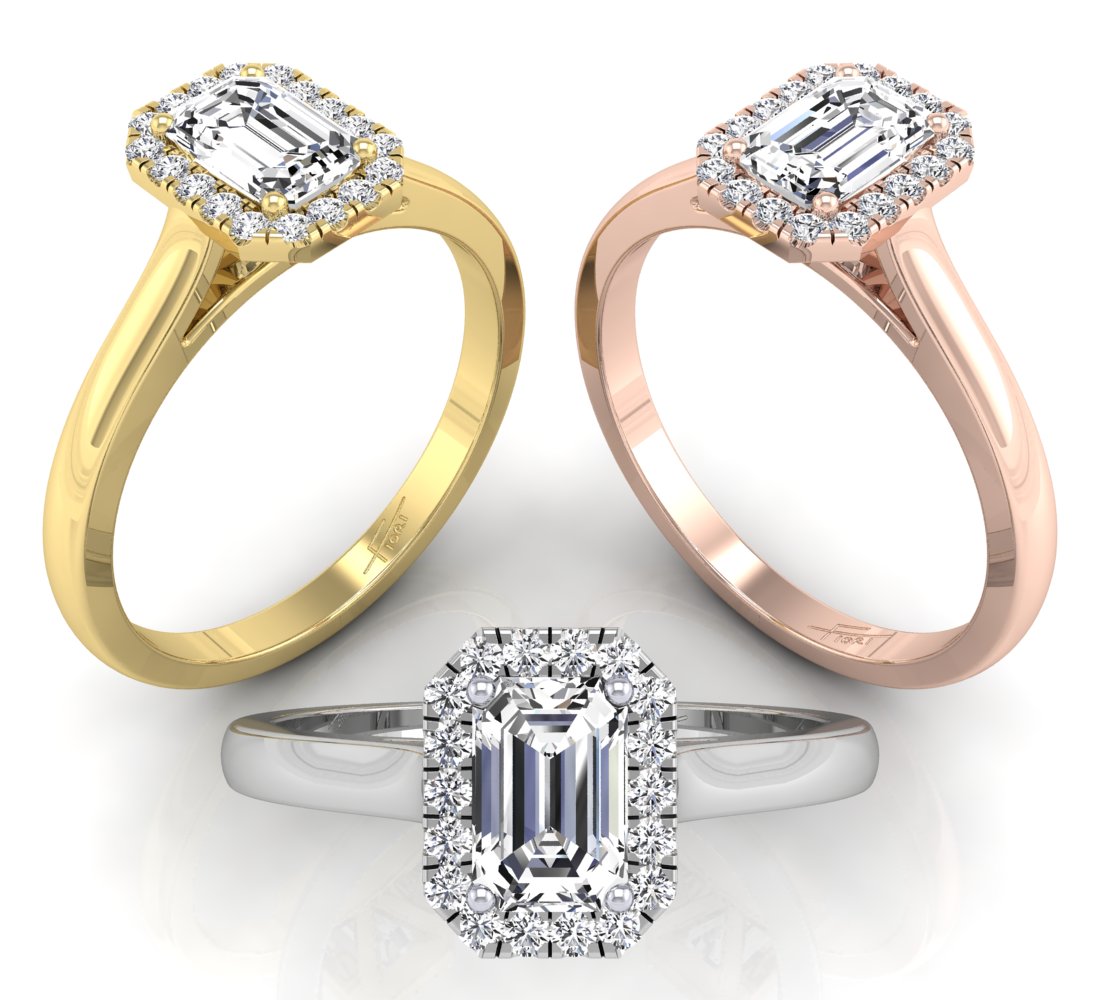 18K Halo Emerald-Cut Diamond Ring — 3 COLOR
