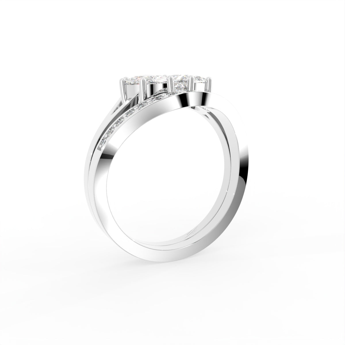 18K Bespoke Emerald Cut Diamond Trilogy Ring Set — 3D VIEW