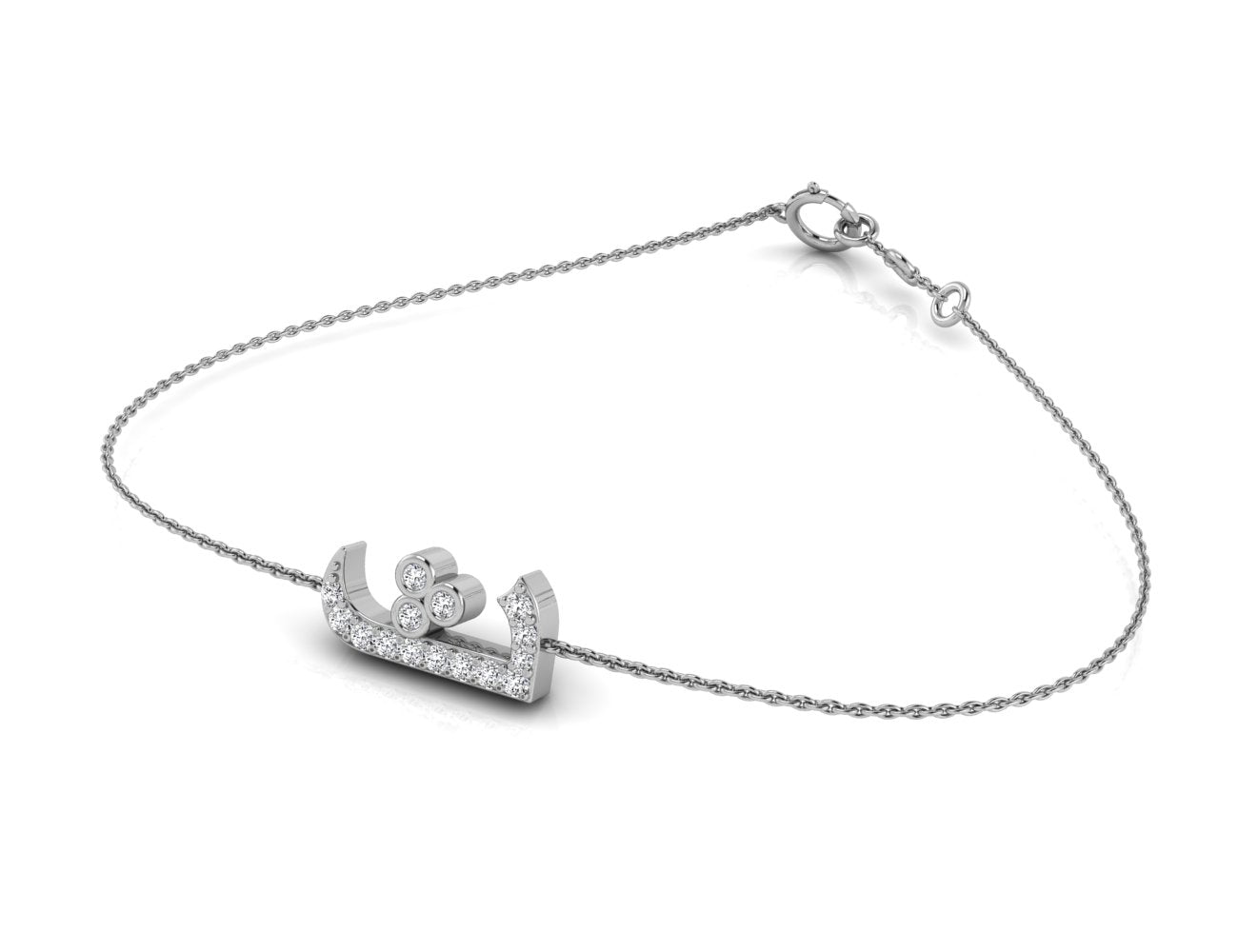 vimg:FJ1319|vimg:FJ2057|18K White Gold Arabic Alphabet Round Diamond Bracelet — 3D VIEW