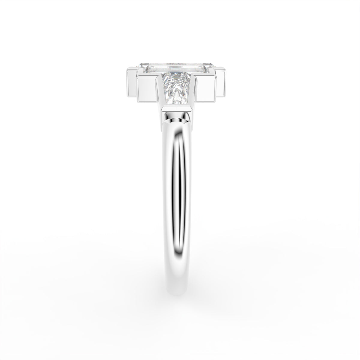 vimg:FJ3230|vimg:FJ3231|18K White Gold Trilogy Baguette Diamond Ring — SIDE