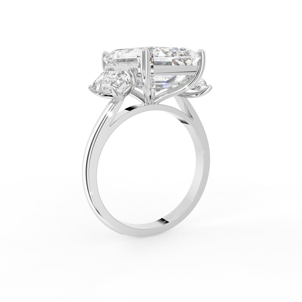 18K White Gold Trilogy Emerald Cut Diamond Ring — 3D VIEW