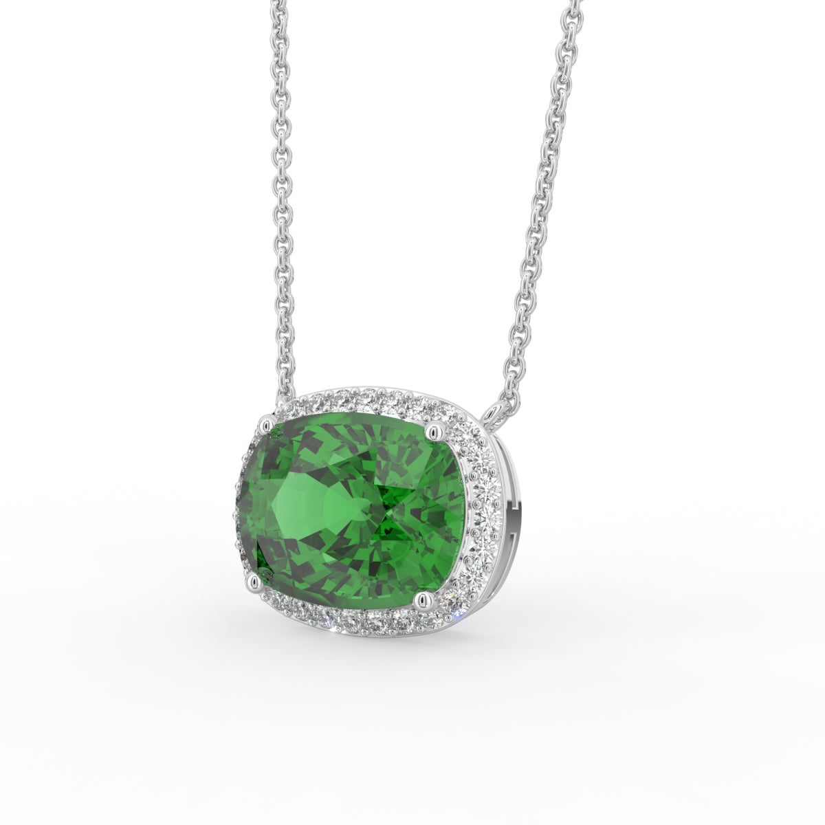18K Yellow Gold Halo Cushion Emerald Diamond Pendant — 3D VIEW