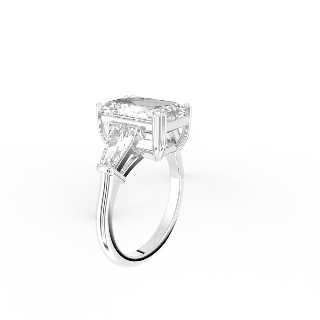 18K White Gold Trilogy Emerald Diamond Ring — 3D VIEW